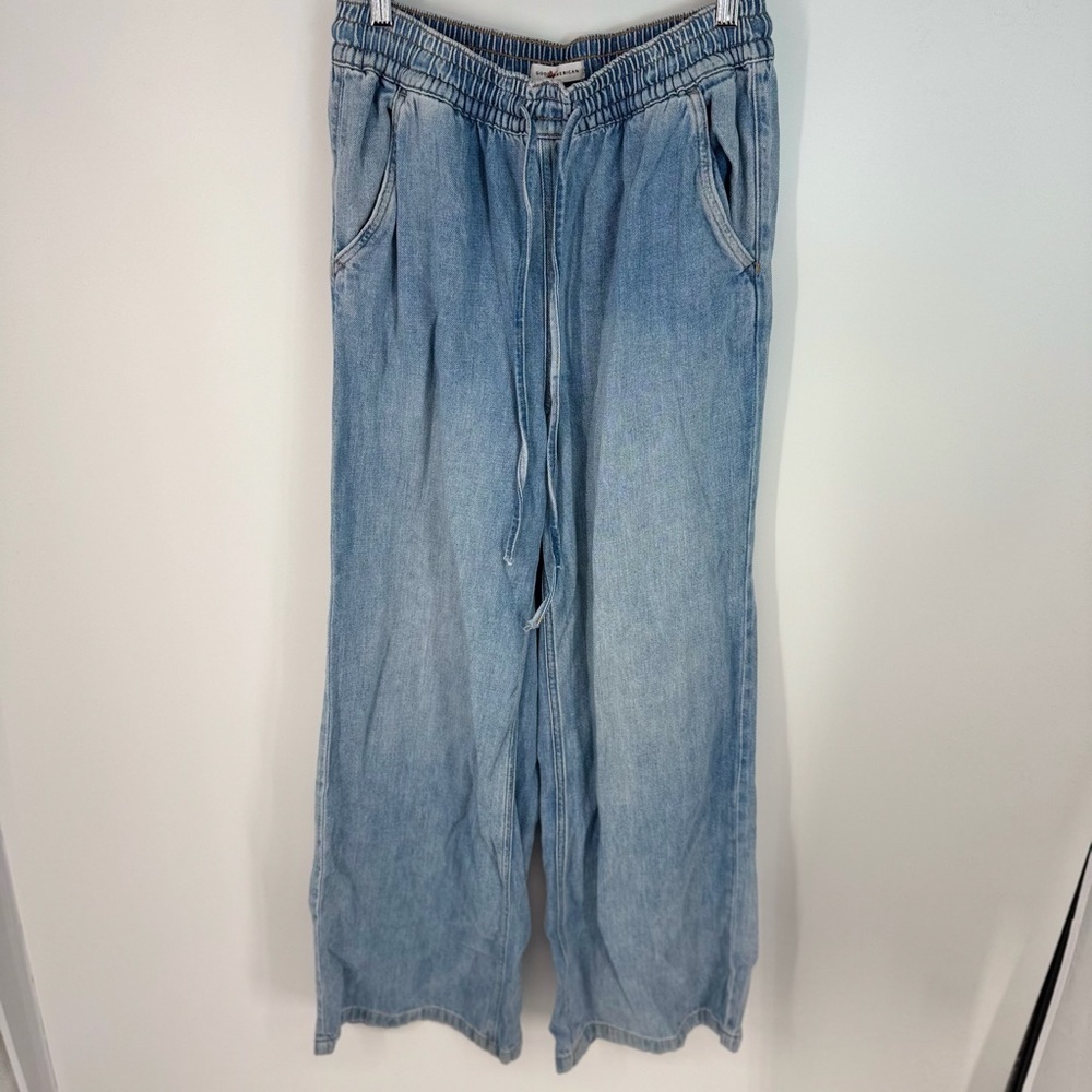 Good American Light Wash Blue Denim Wide Leg Elastic Waistband Jeans
